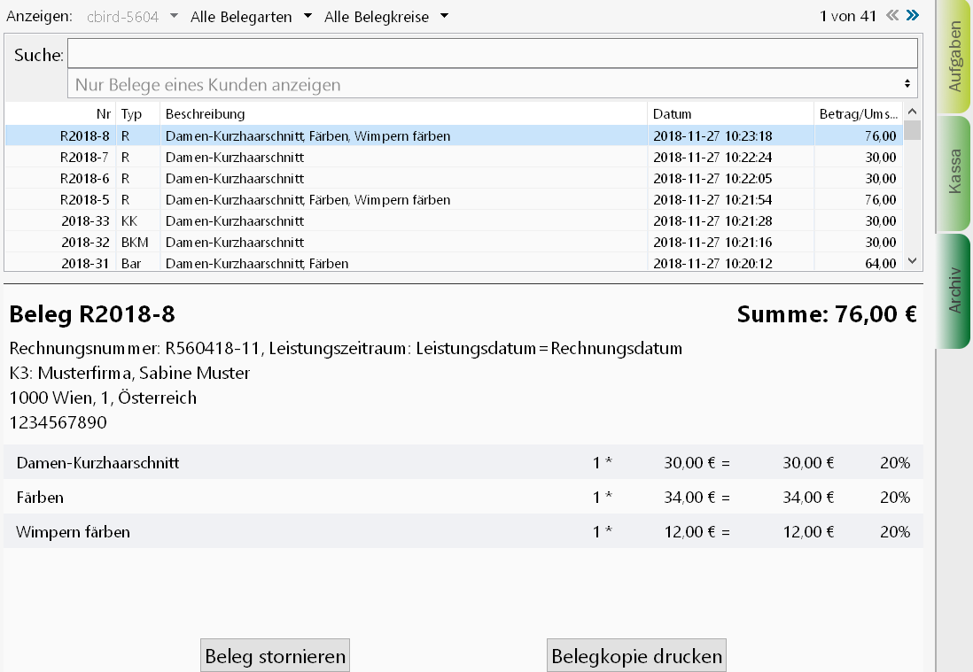 Archivbereich Zusatzfunktionen im Arbeitsbereich Archiv