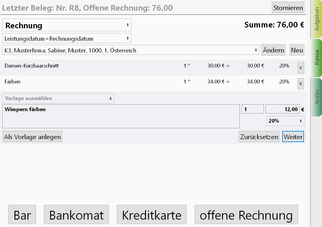 Kassabereich Zusatzfunktionen im Arbeitsbereich Kassa